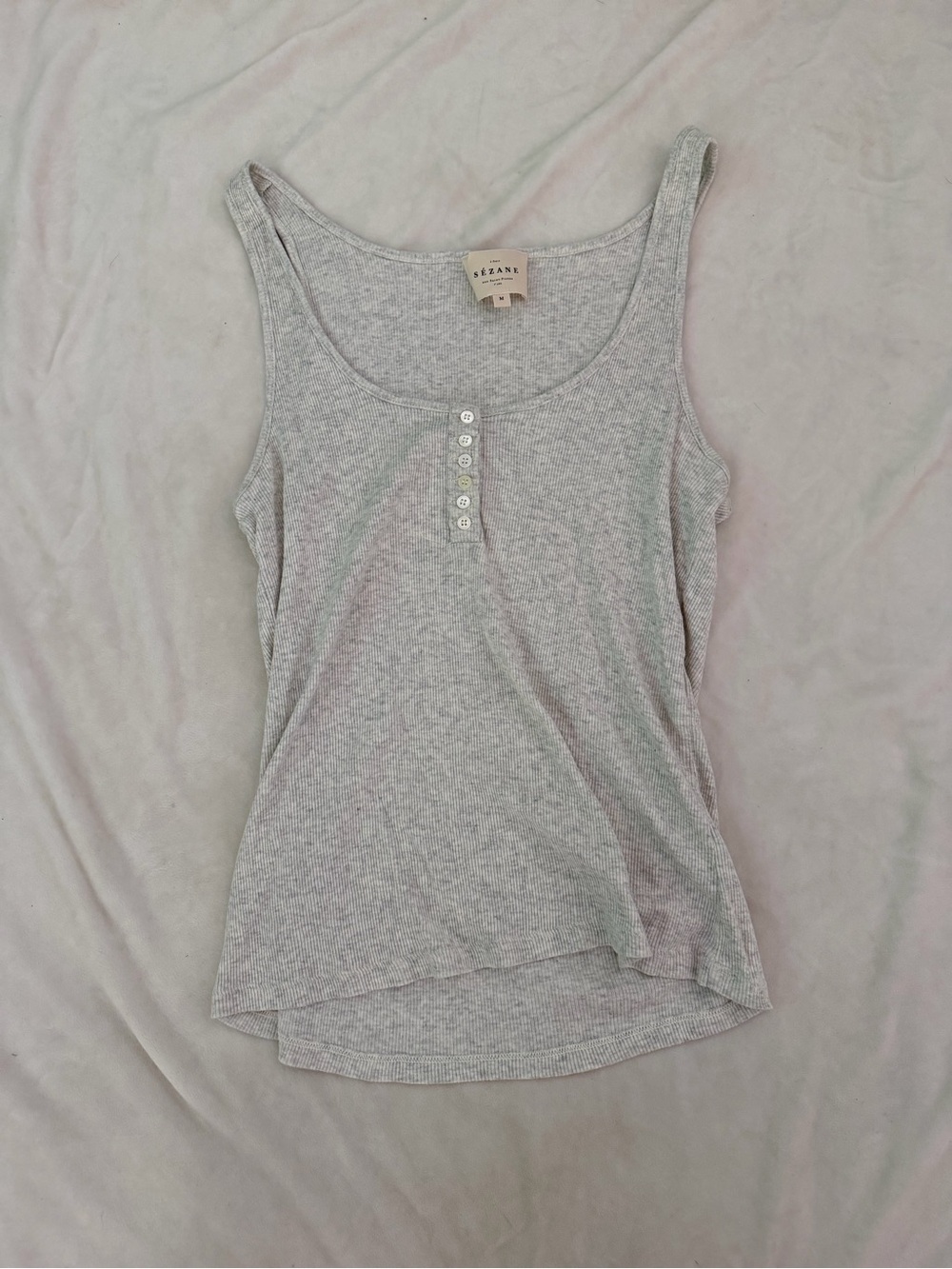 Sezane Grey white Ribbed Tank with Buttons